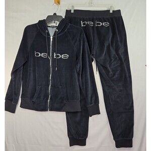 Bebe Logo Velour Y2K Black Tracksuit Rhinestones Bling Full Zip 2 Pc Size Large